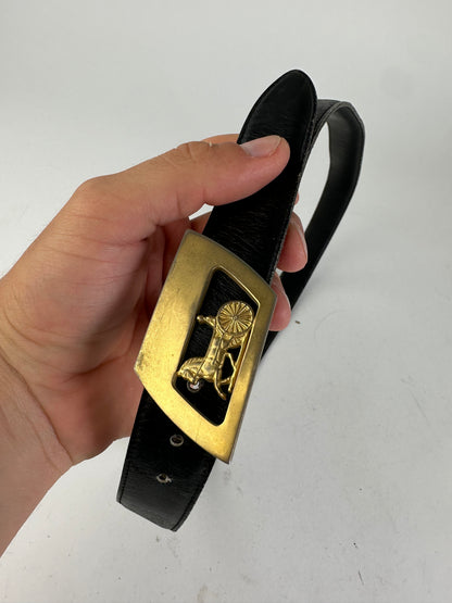 Vintage Celine Black Leather Belt with Gold-Tone Buckle Design