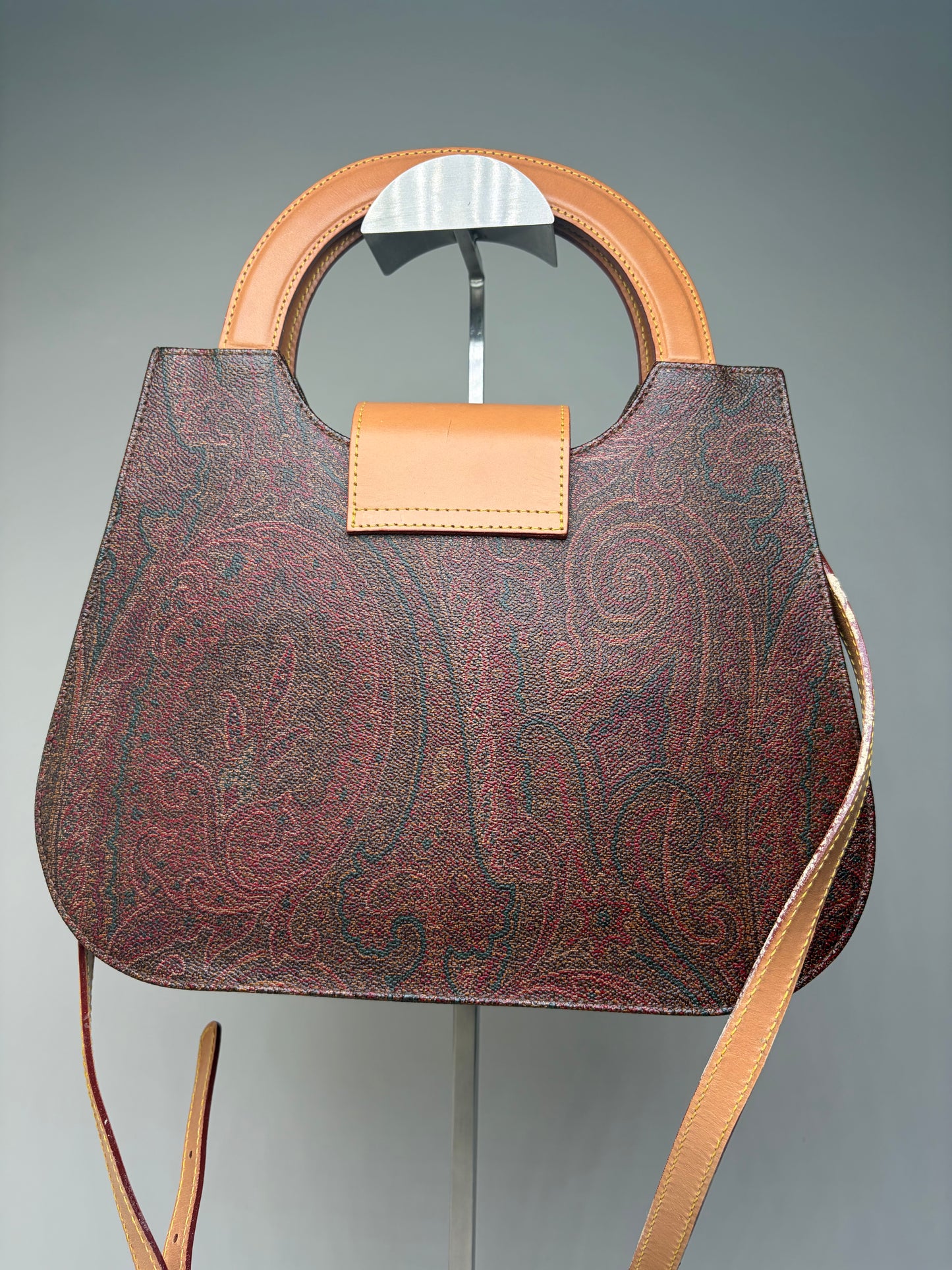 Vintage Etro Paisley Print Structured Top-Handle Bag Burgundy Teal