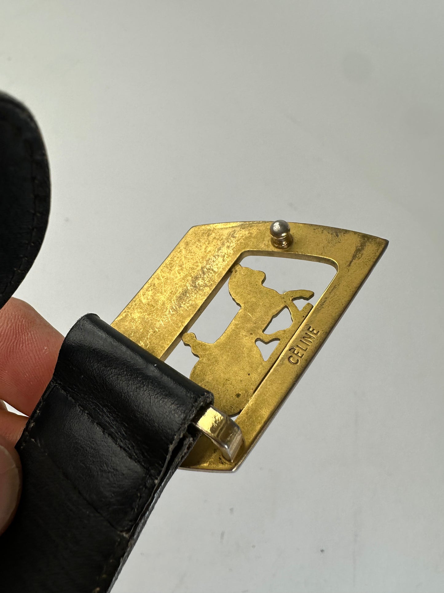 Vintage Celine Black Leather Belt with Gold-Tone Buckle Design