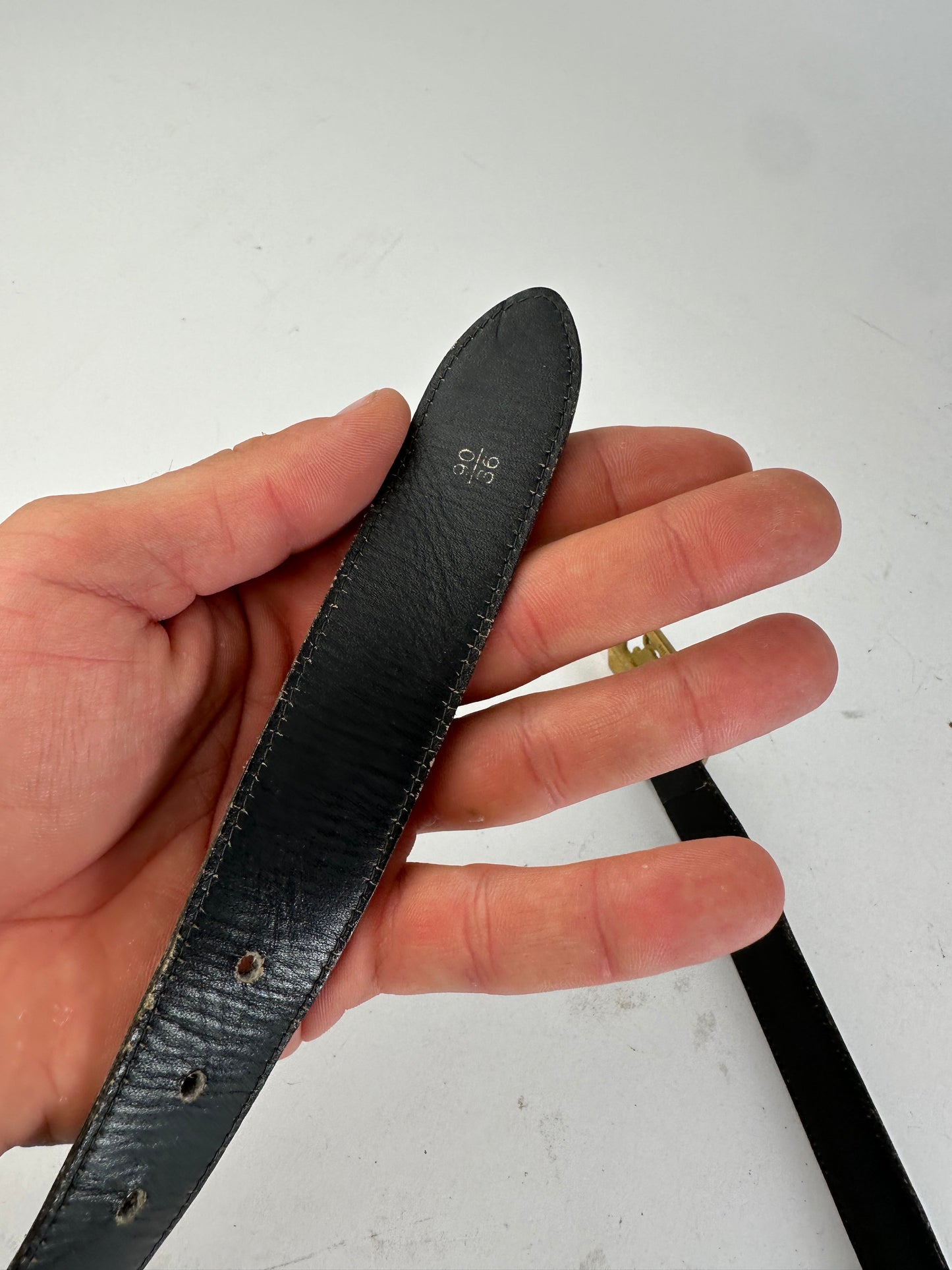Vintage Celine Black Leather Belt with Gold-Tone Buckle Design