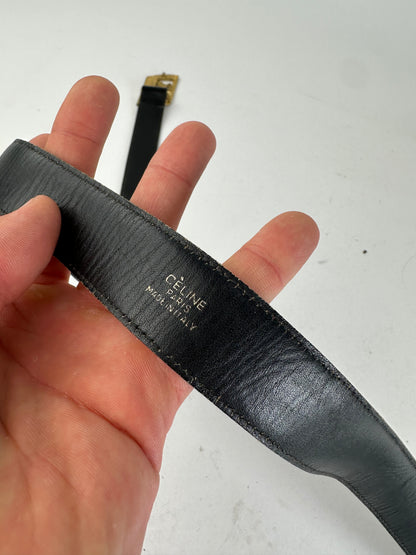 Vintage Celine Black Leather Belt with Gold-Tone Buckle Design