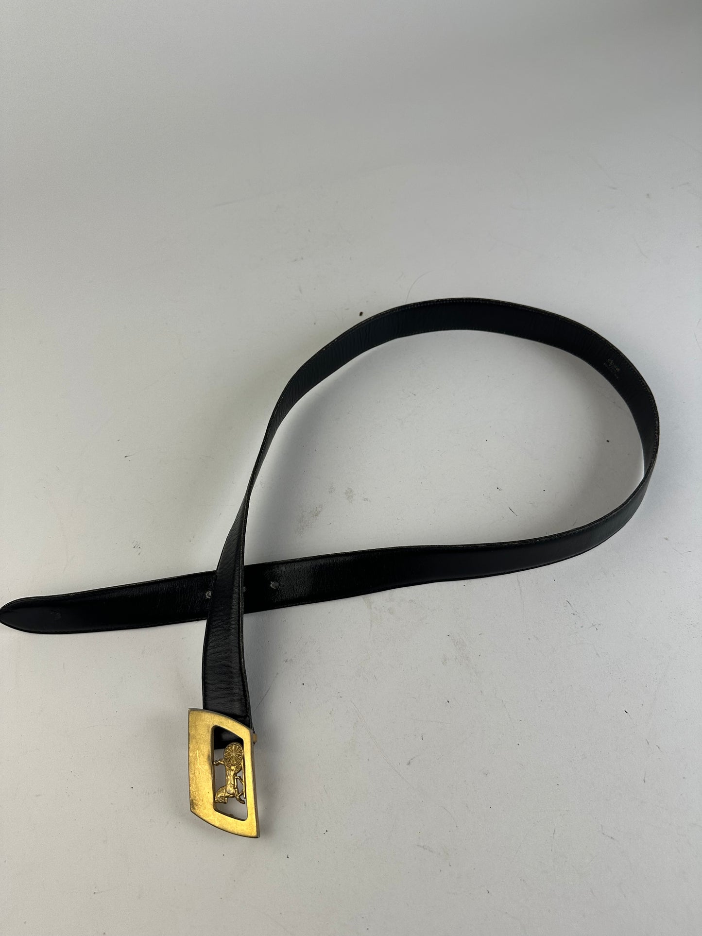 Vintage Celine Black Leather Belt with Gold-Tone Buckle Design