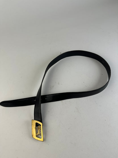 Vintage Celine Black Leather Belt with Gold-Tone Buckle Design
