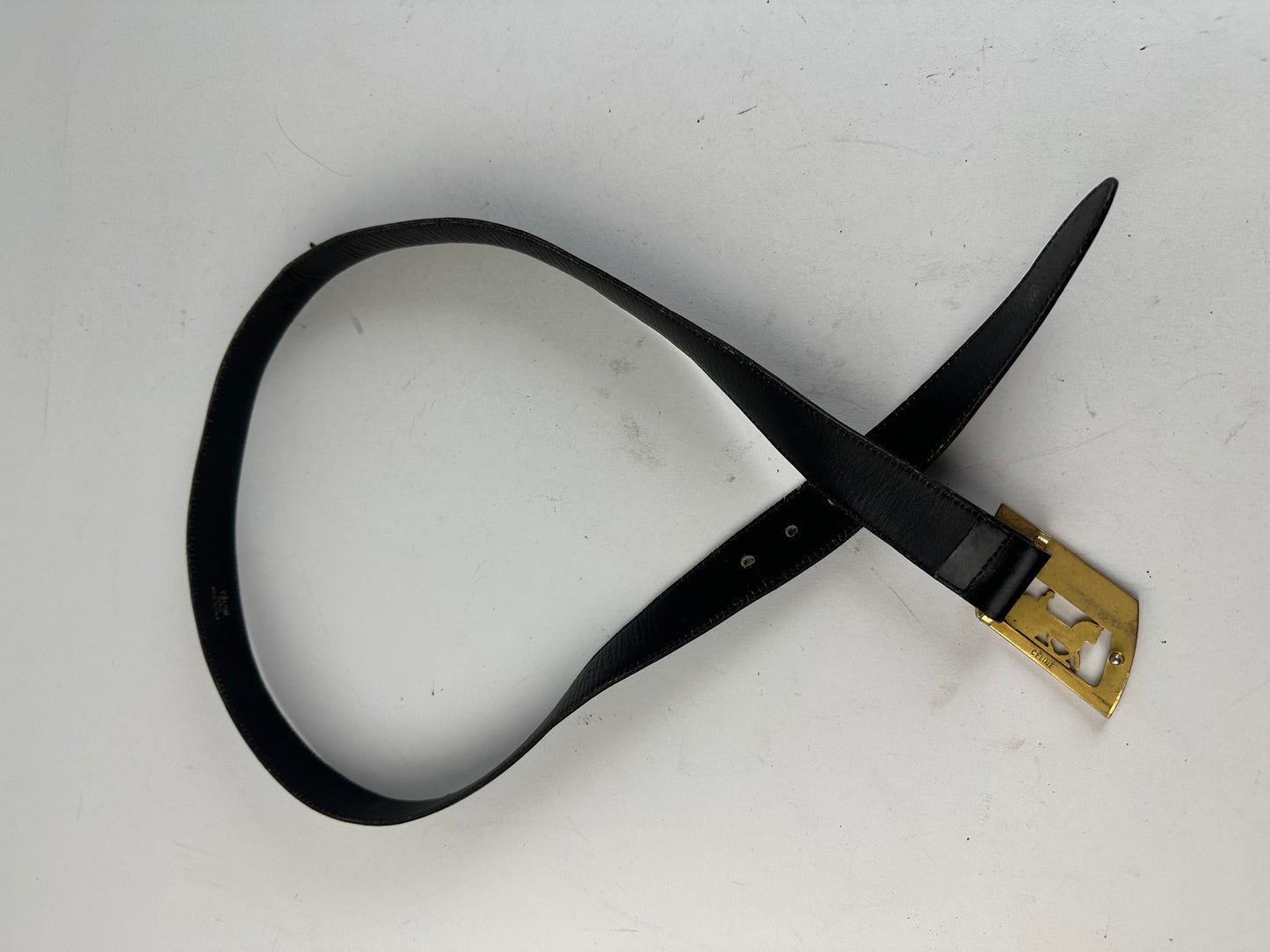 Vintage Celine Black Leather Belt with Gold-Tone Buckle Design