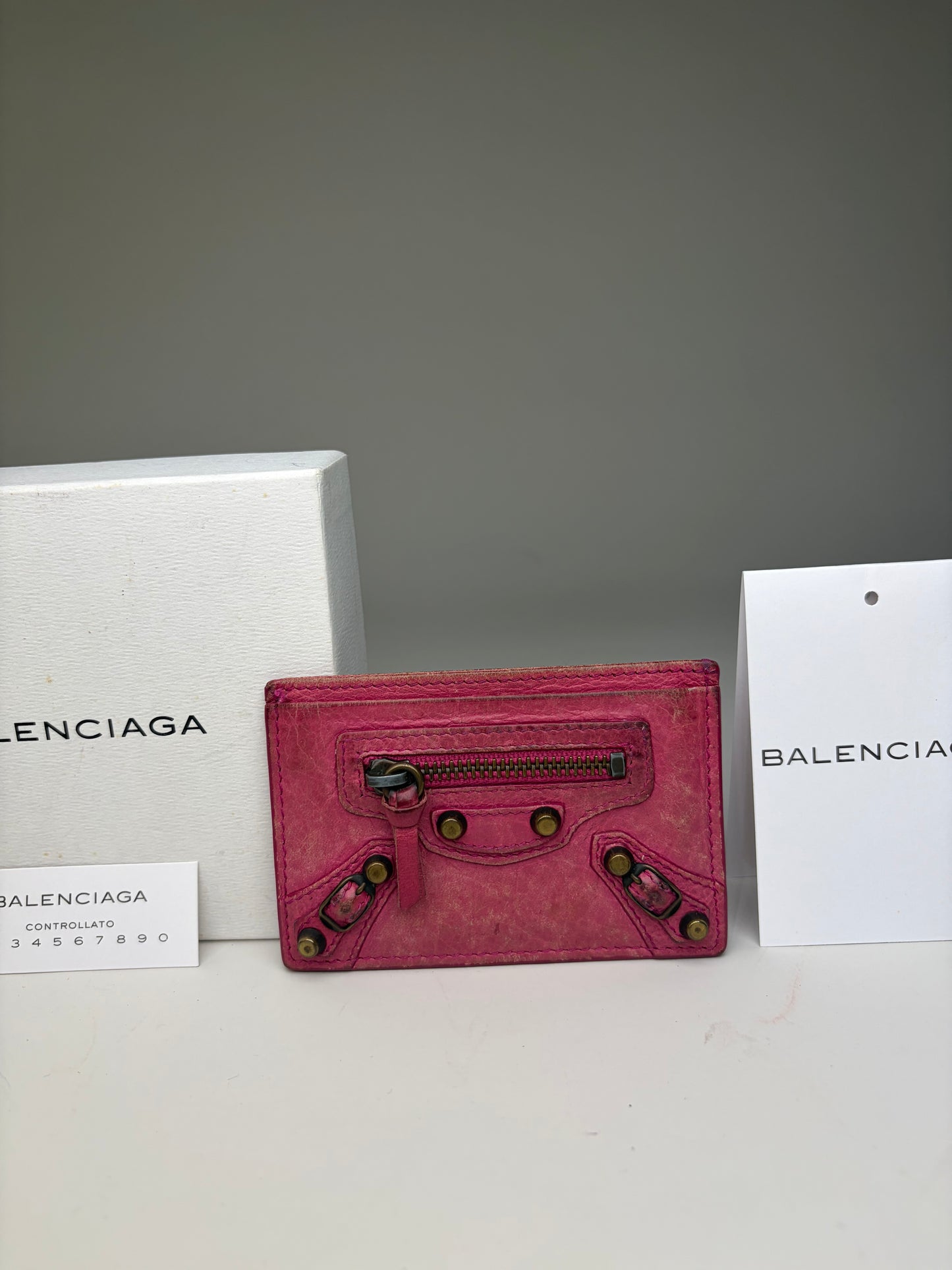 Vintage Balenciaga City Cardholder Bright Pink Leather Silver