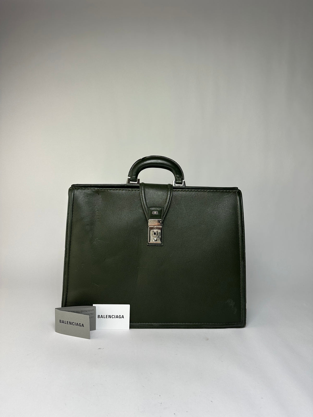 Vintage Balenciaga Structured Leather Briefcase Late 1990s Dark Green