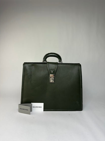 Vintage Balenciaga Structured Leather Briefcase Late 1990s Dark Green