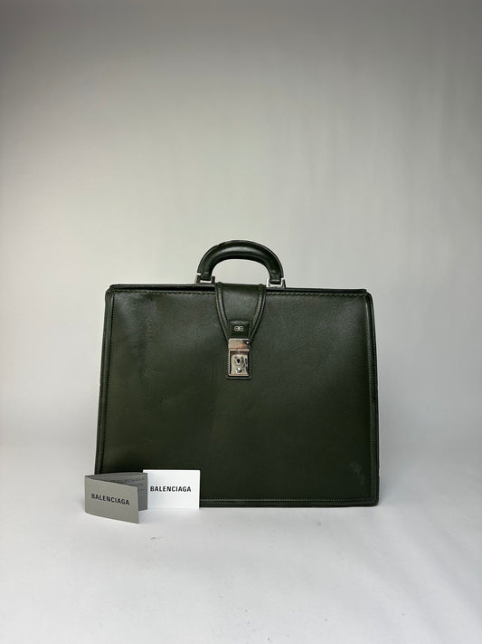 Vintage Balenciaga Structured Leather Briefcase Late 1990s Dark Green