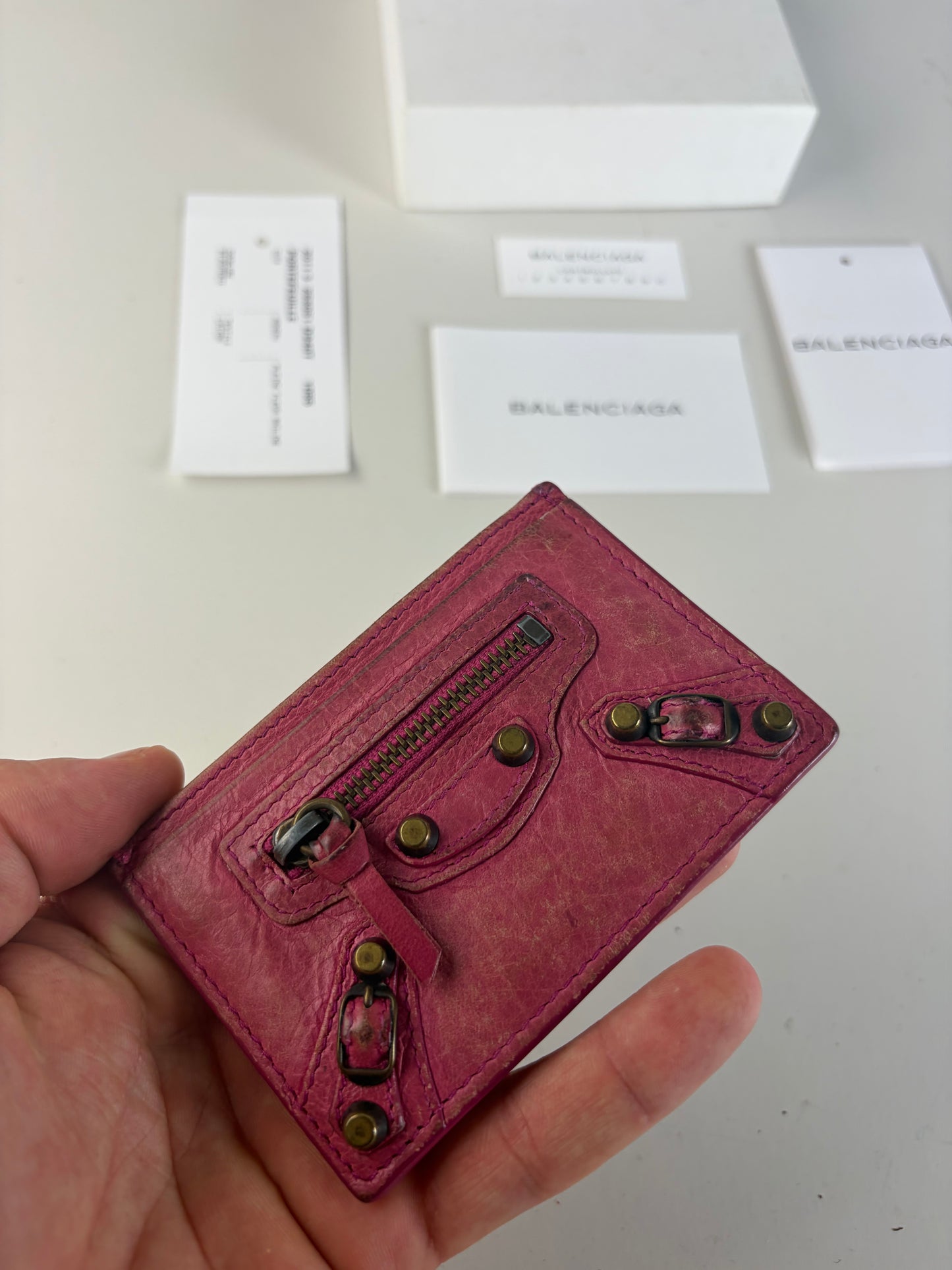Vintage Balenciaga City Cardholder Bright Pink Leather Silver