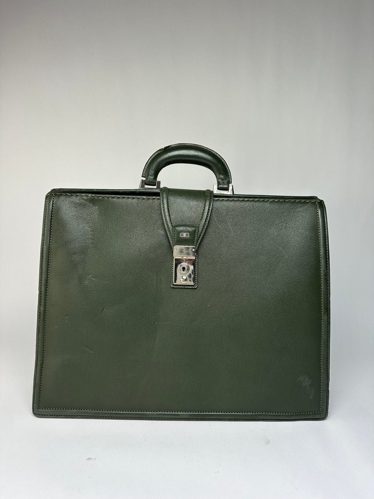 Vintage Balenciaga Structured Leather Briefcase Late 1990s Dark Green