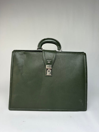 Vintage Balenciaga Structured Leather Briefcase Late 1990s Dark Green