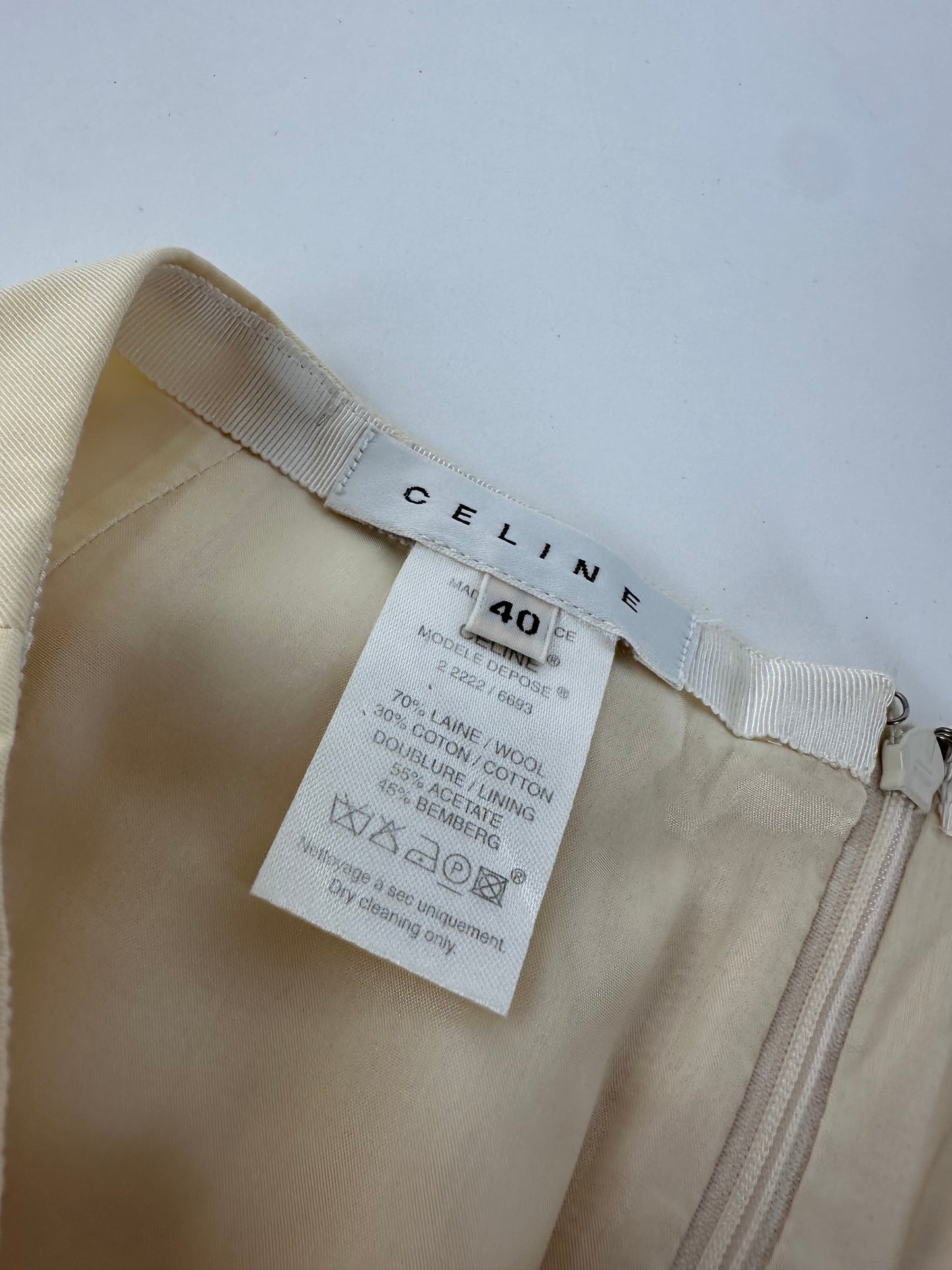 Celine Cream Wool Blend Tailored Skirt with Slit Detail