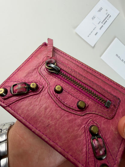 Vintage Balenciaga City Cardholder Bright Pink Leather Silver