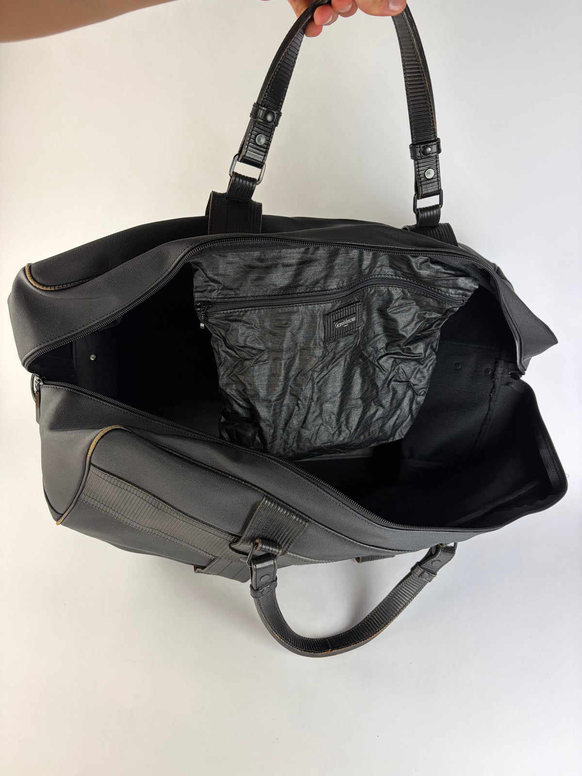 Vintage Versace Nylon Leather Trim Weekend Duffle Bag Black