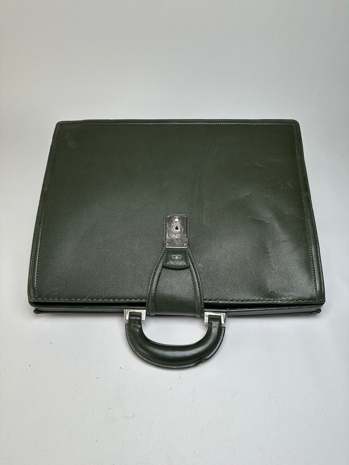 Vintage Balenciaga Structured Leather Briefcase Late 1990s Dark Green