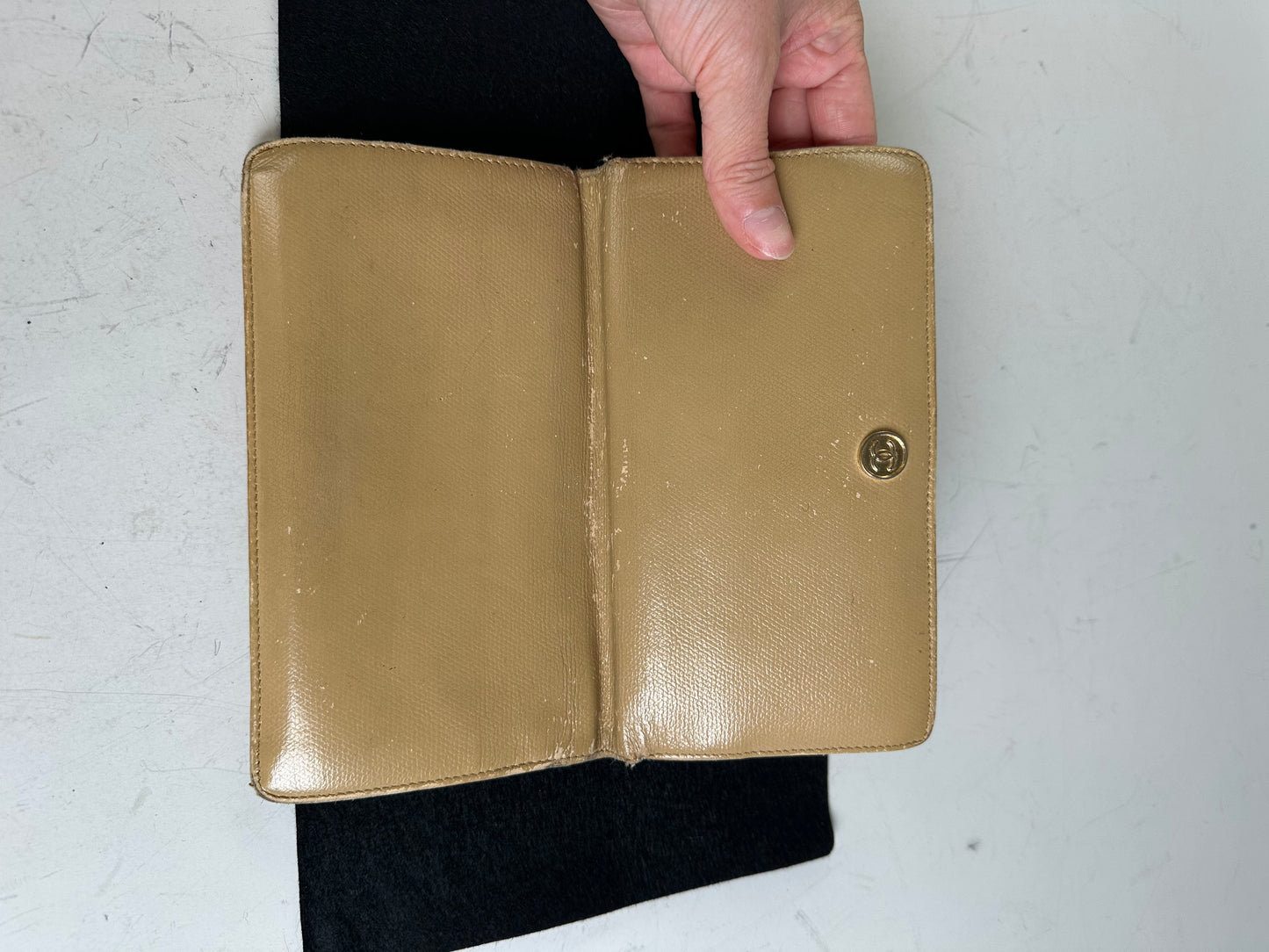 Vintage Chanel Grained Leather Wallet Beige Gold