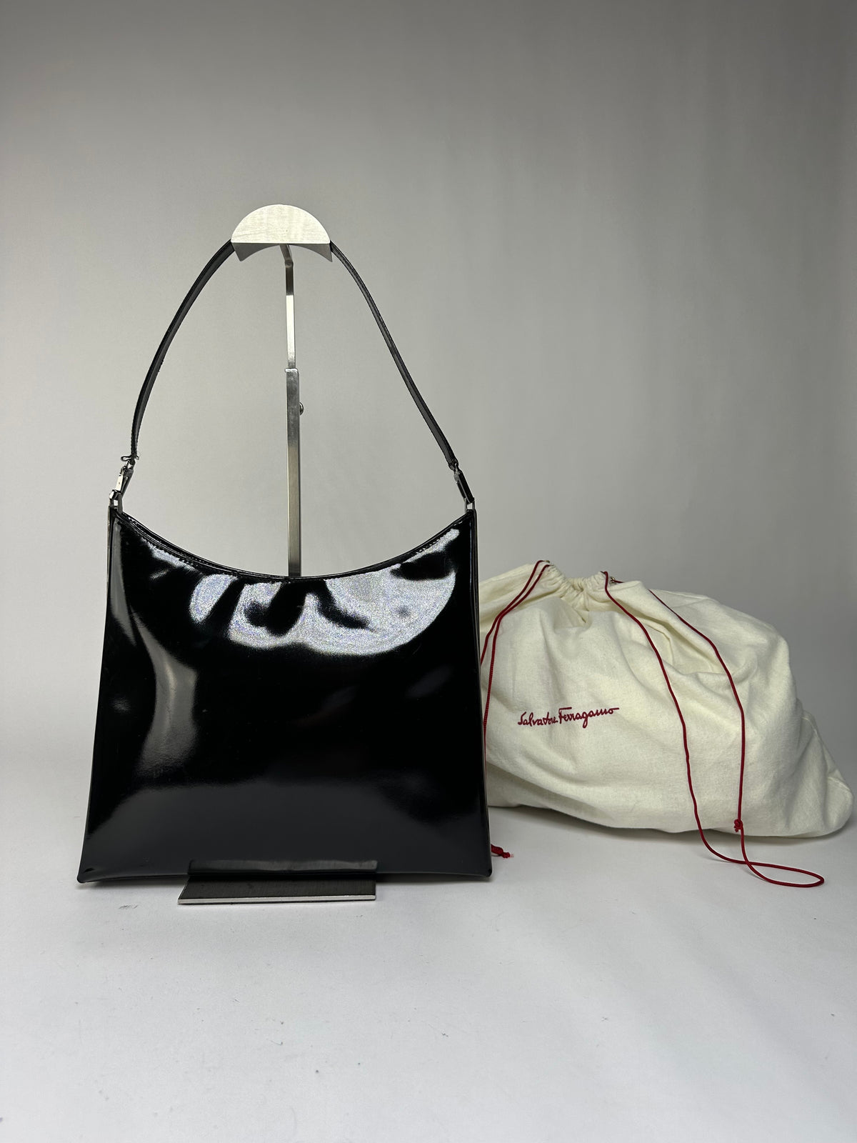 Vintage Ferragamo Patent Leather Structured Shoulder Bag Black Silver