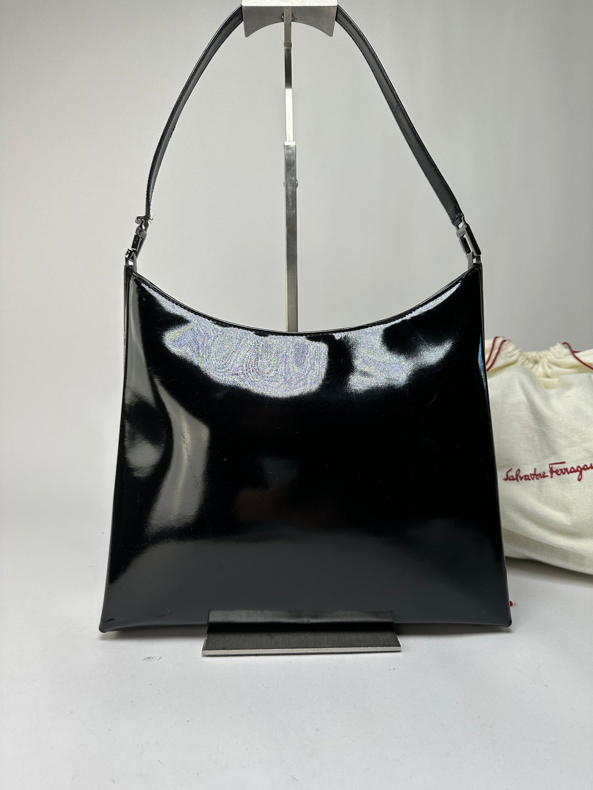 Vintage Ferragamo Patent Leather Structured Shoulder Bag Black Silver