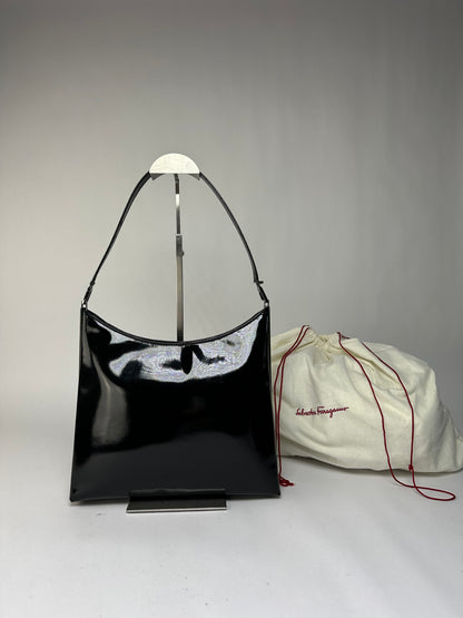 Vintage Ferragamo Patent Leather Structured Shoulder Bag Black Silver