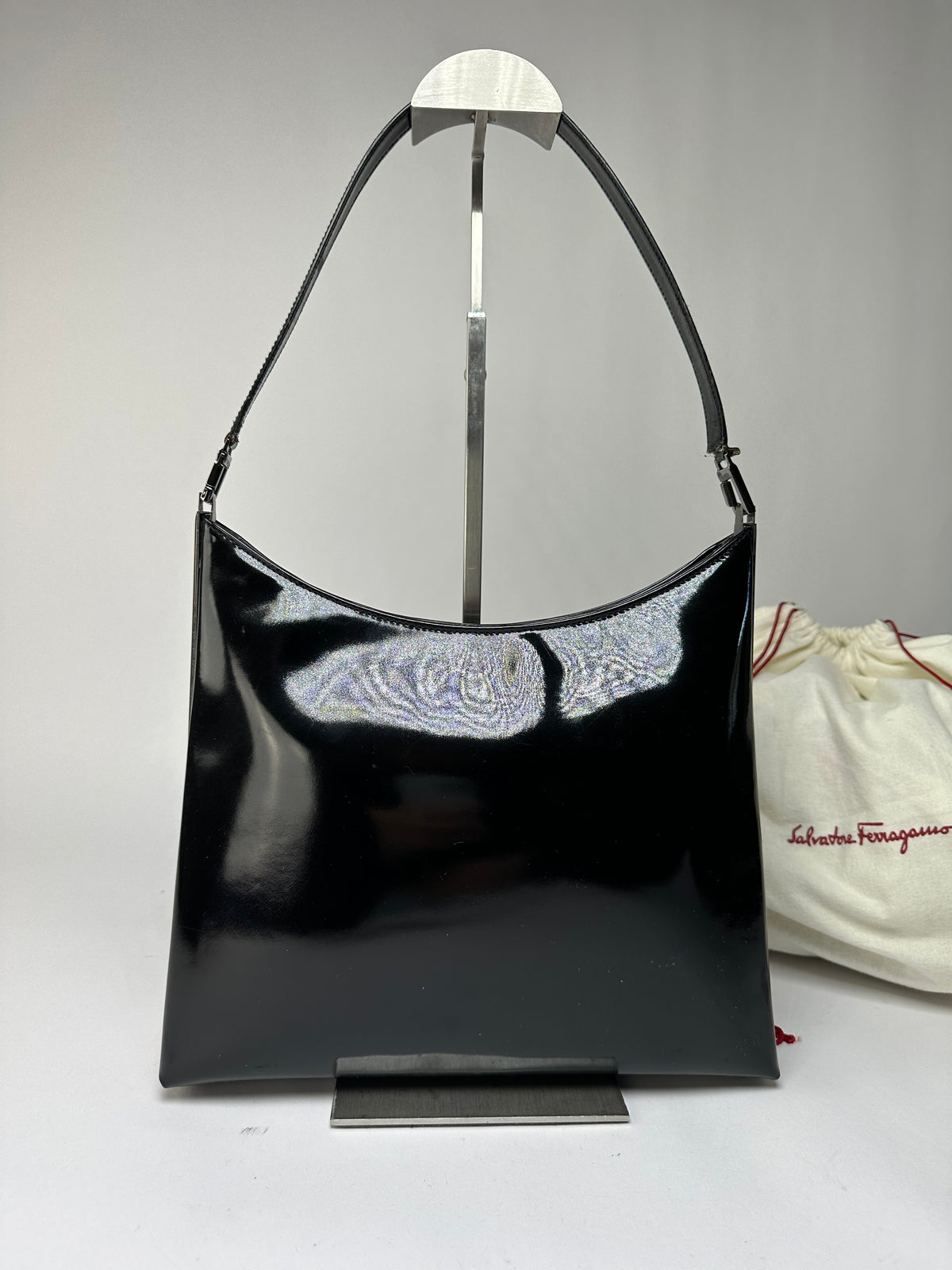 Vintage Ferragamo Patent Leather Structured Shoulder Bag Black Silver