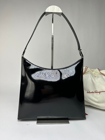 Vintage Ferragamo Patent Leather Structured Shoulder Bag Black Silver