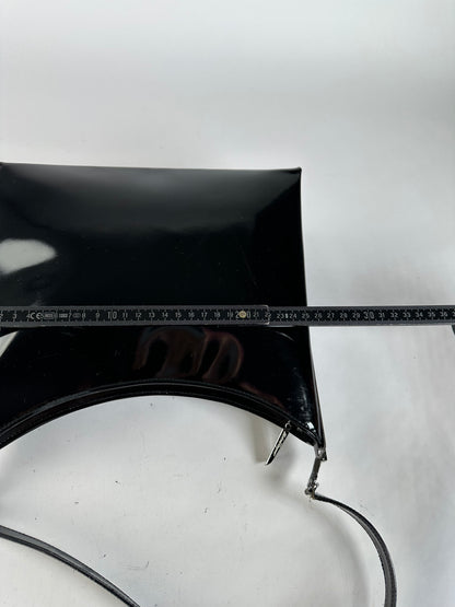 Vintage Ferragamo Patent Leather Structured Shoulder Bag Black Silver
