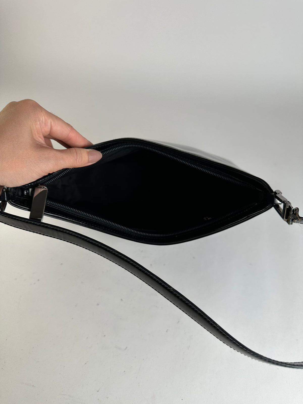 Vintage Ferragamo Patent Leather Structured Shoulder Bag Black Silver