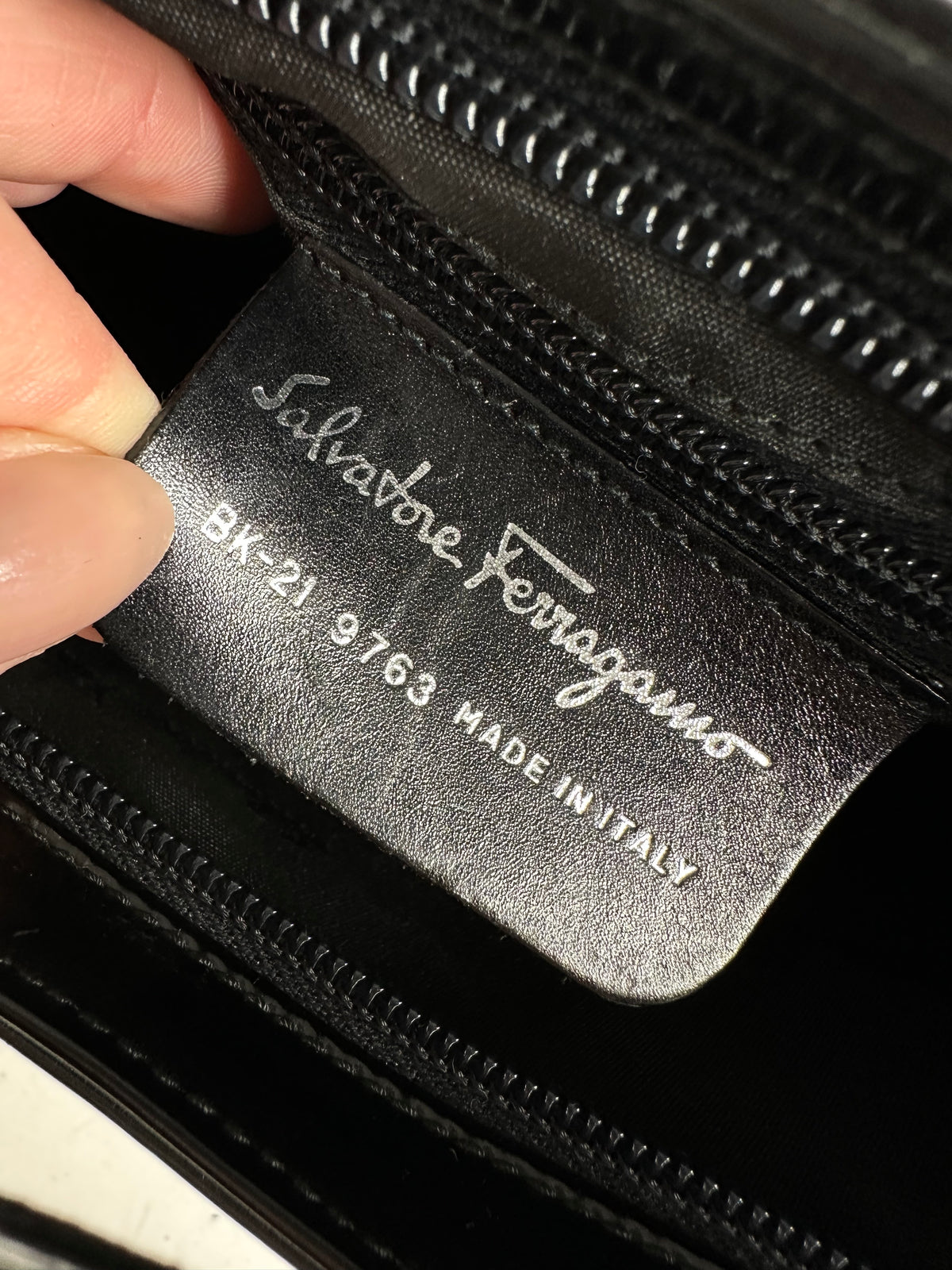 Vintage Ferragamo Patent Leather Structured Shoulder Bag Black Silver