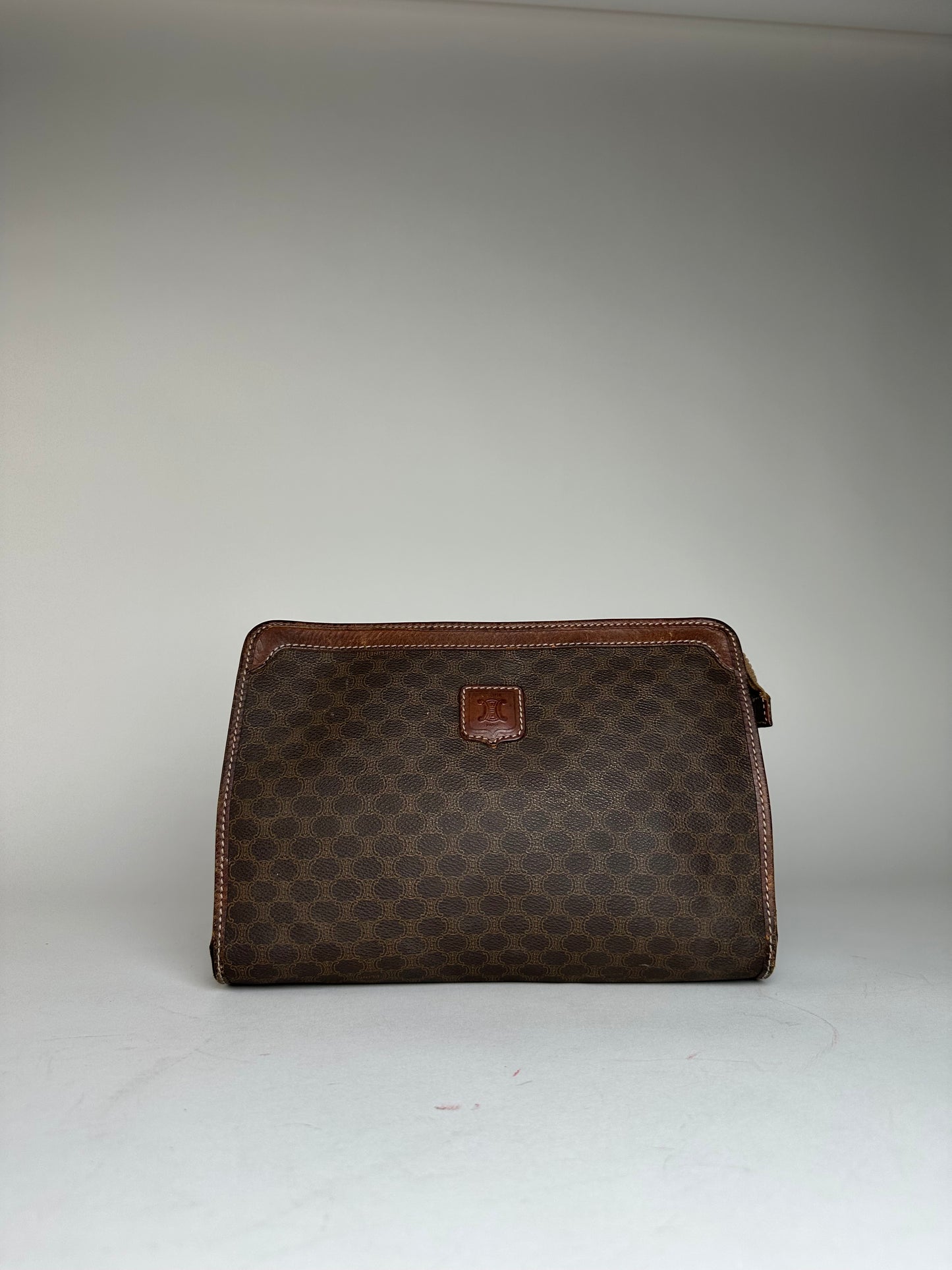 Vintage Celine Paris Triomphe Monogram Leather Clutch Brown