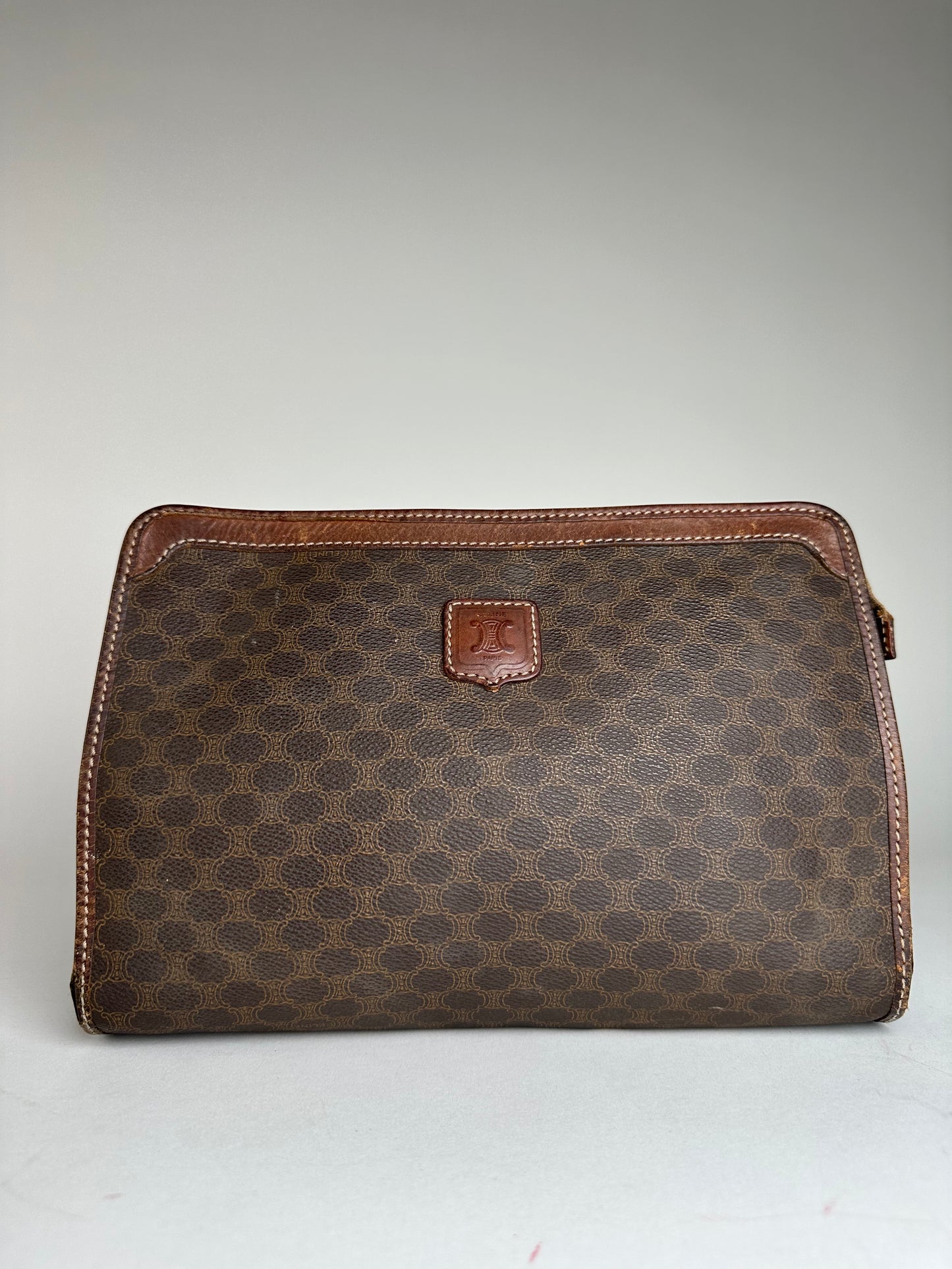 Vintage Celine Paris Triomphe Monogram Leather Clutch Brown