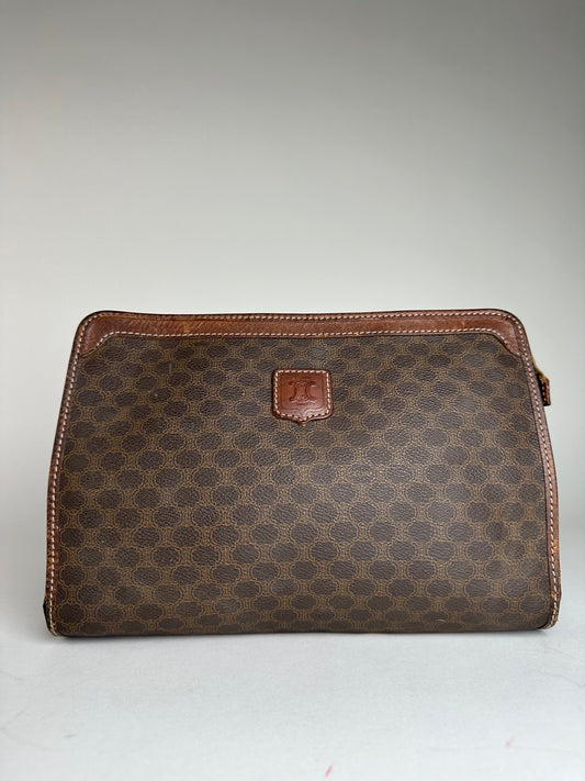 Vintage Celine Paris Triomphe Monogram Leather Clutch Brown
