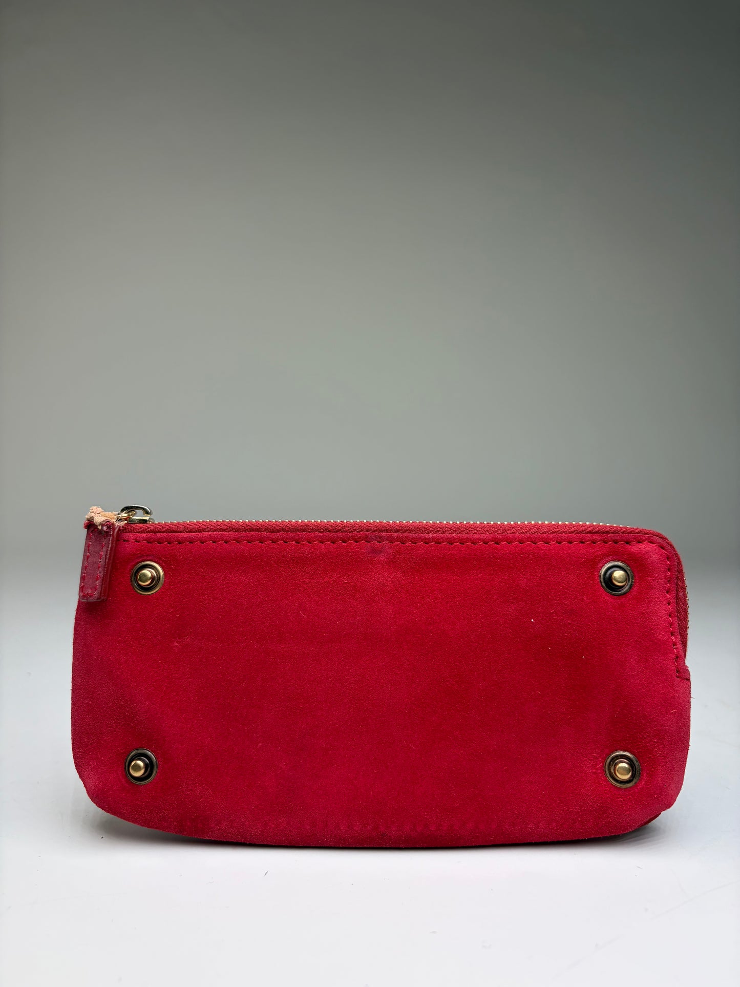Vintage Celine Suede-Like Zipper Pouch Red Gold