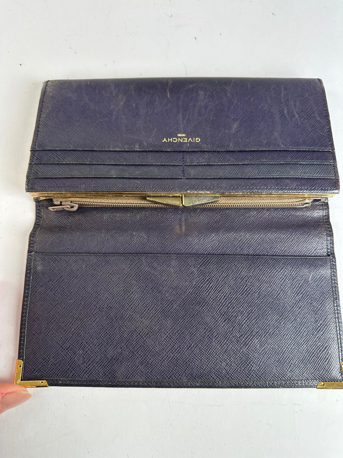 Vintage Givenchy Saffiano Leather Bifold Wallet Late 1980s Navy