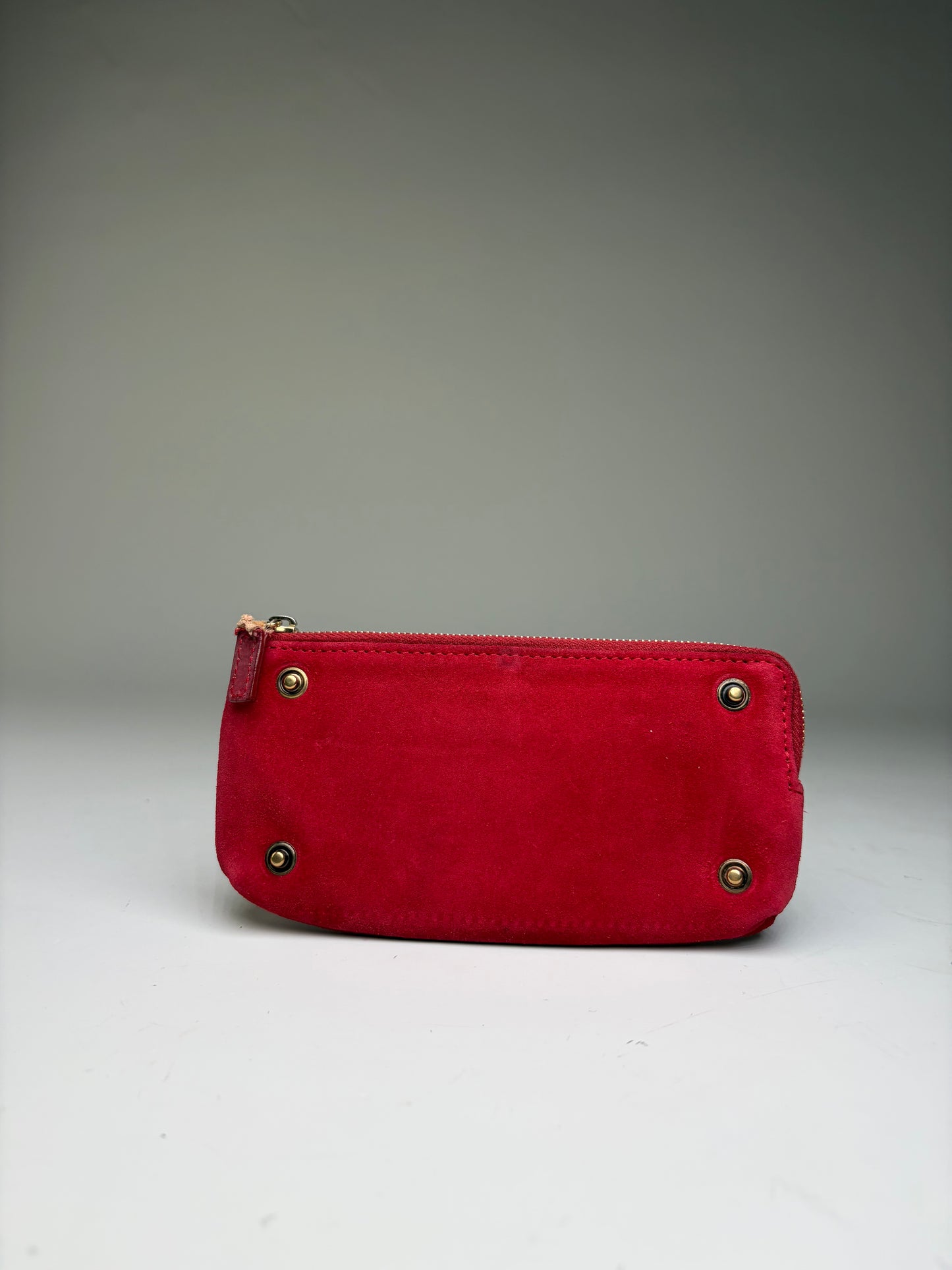 Vintage Celine Suede-Like Zipper Pouch Red Gold