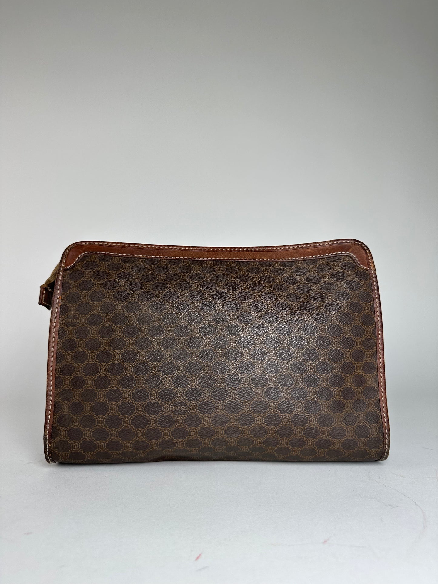 Vintage Celine Paris Triomphe Monogram Leather Clutch Brown