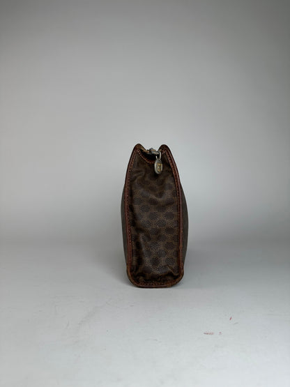 Vintage Celine Paris Triomphe Monogram Leather Clutch Brown