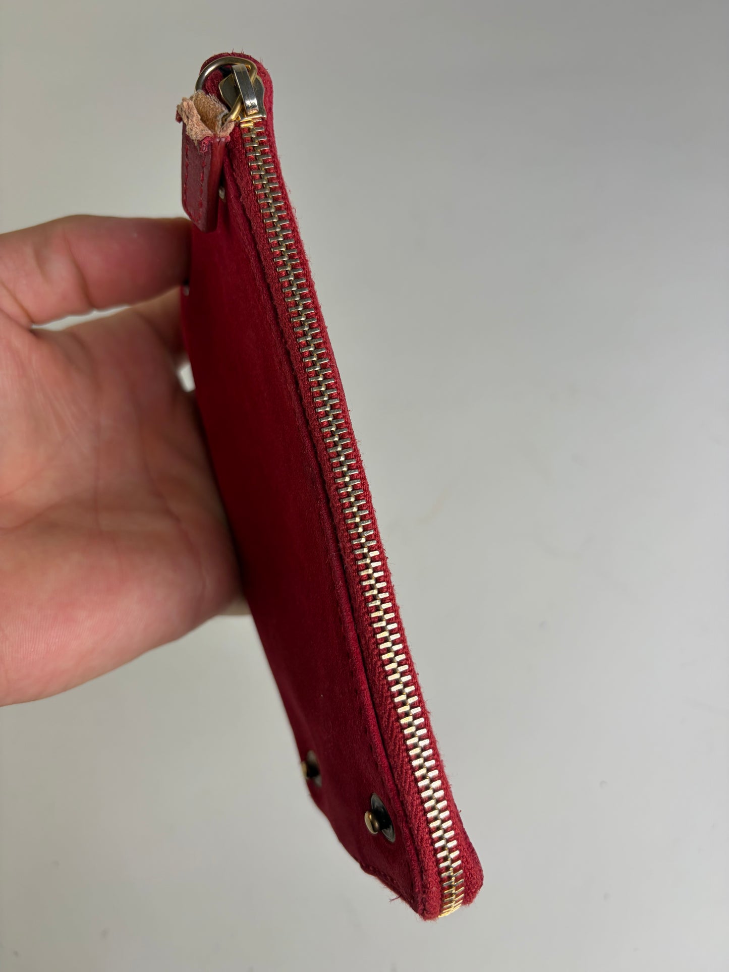 Vintage Celine Suede-Like Zipper Pouch Red Gold