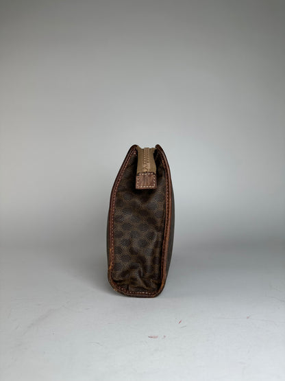 Vintage Celine Paris Triomphe Monogram Leather Clutch Brown