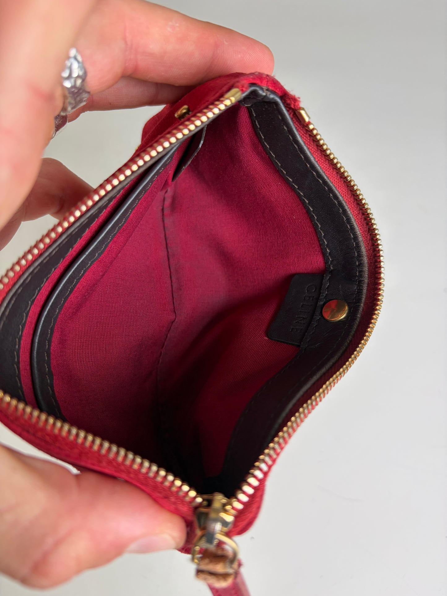 Vintage Celine Suede-Like Zipper Pouch Red Gold
