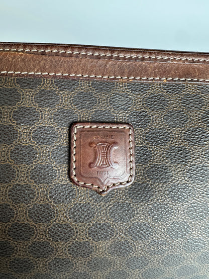 Vintage Celine Paris Triomphe Monogram Leather Clutch Brown