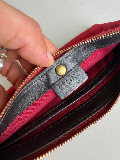 Vintage Celine Suede-Like Zipper Pouch Red Gold