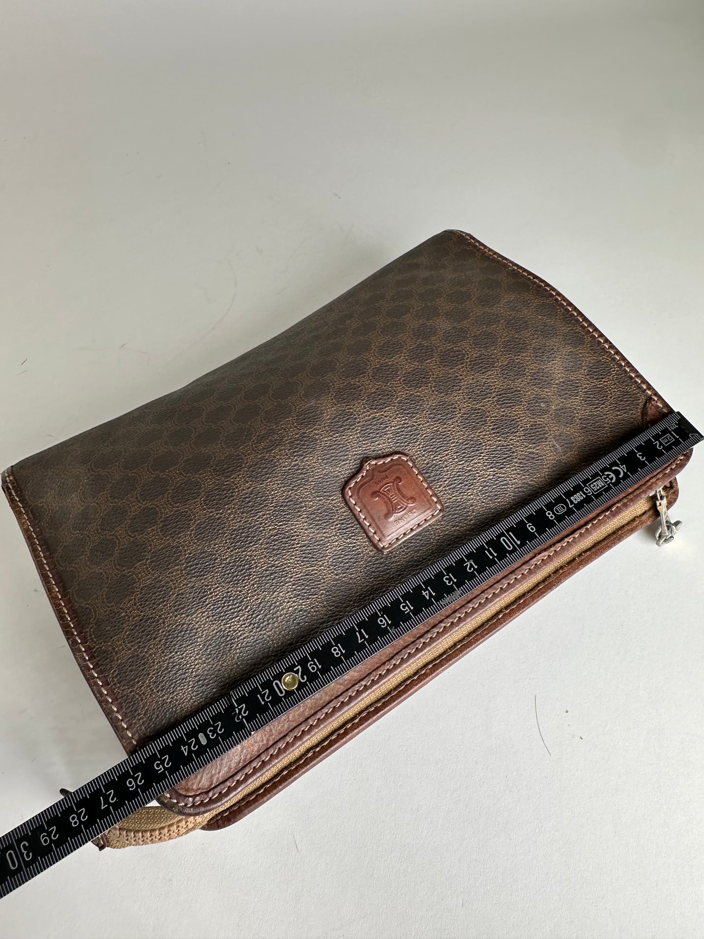 Vintage Celine Paris Triomphe Monogram Leather Clutch Brown