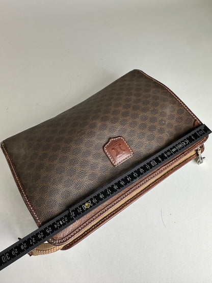 Vintage Celine Paris Triomphe Monogram Leather Clutch Brown