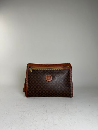 Vintage Celine Coated Canvas Clutch Bag Brown Tan Gold