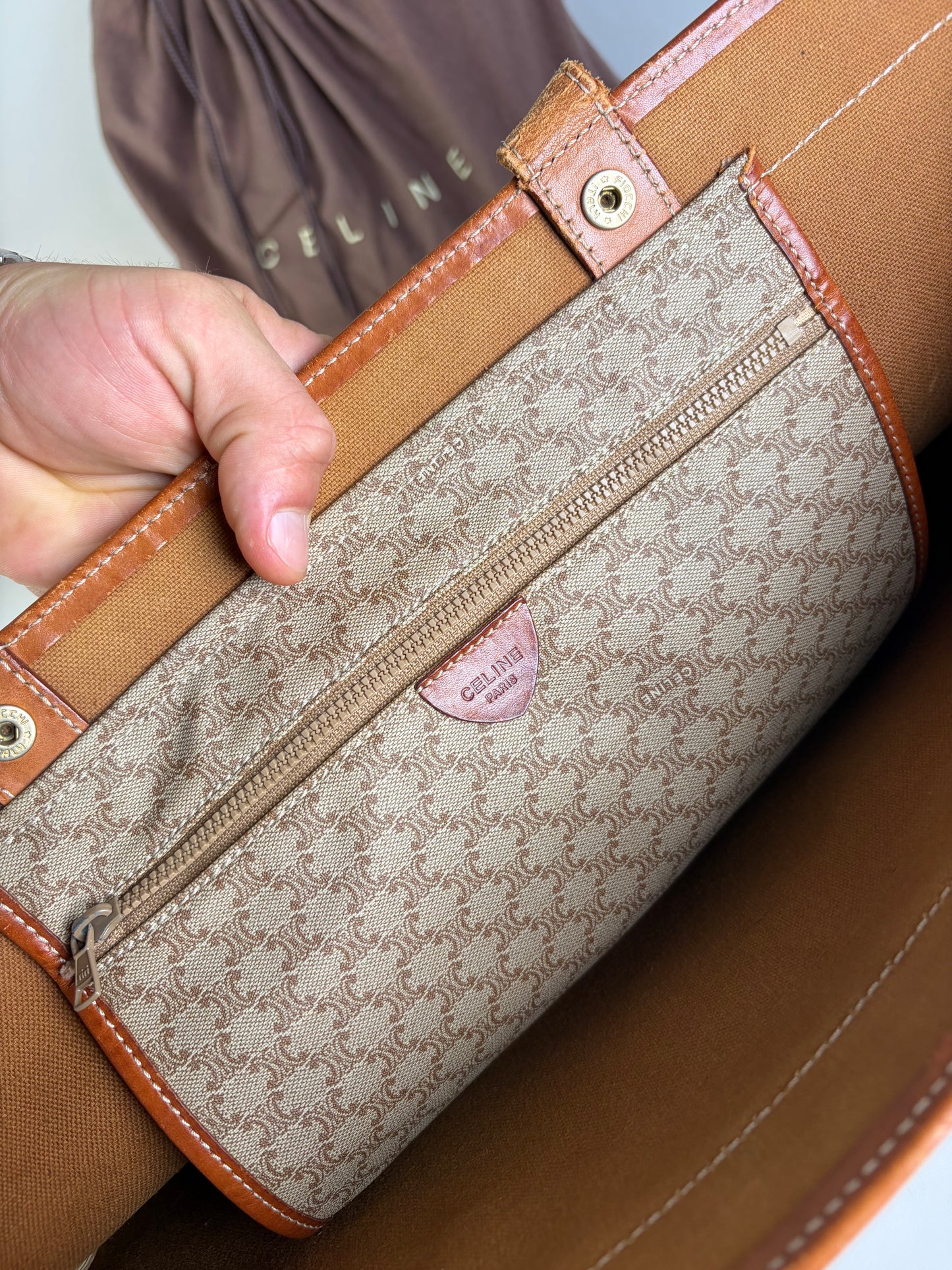 Vintage Celine Coated Canvas Tote Beige Brown Damaged