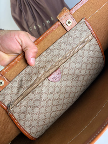 Vintage Celine Coated Canvas Tote Beige Brown Damaged