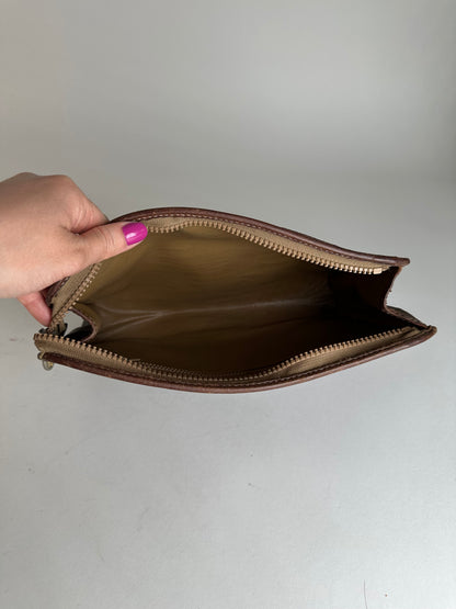 Vintage Celine Paris Triomphe Monogram Leather Clutch Brown