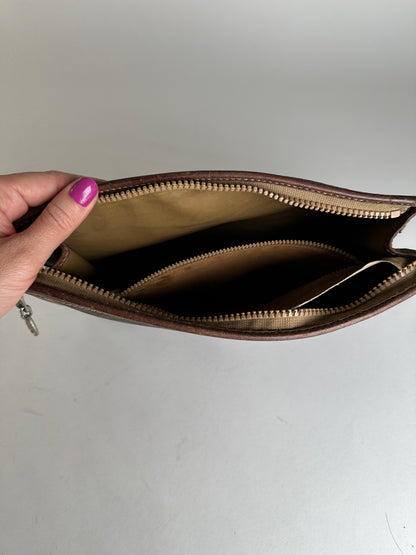 Vintage Celine Paris Triomphe Monogram Leather Clutch Brown