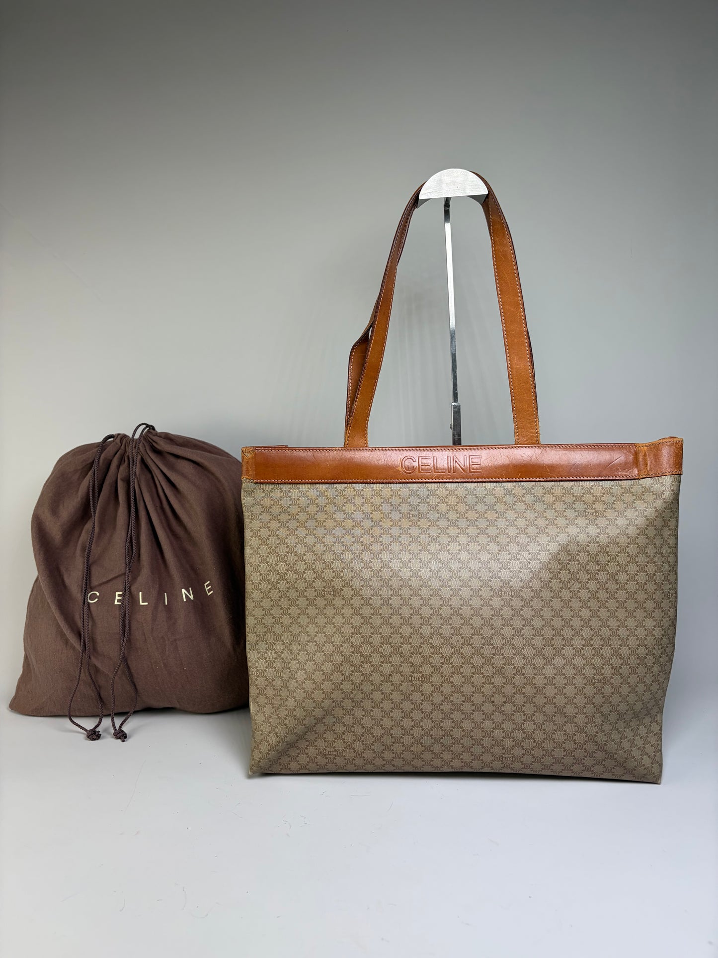 Vintage Celine Coated Canvas Tote Beige Brown Damaged