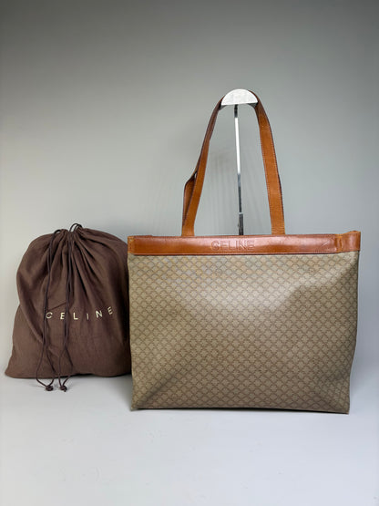 Vintage Celine Coated Canvas Tote Beige Brown Damaged